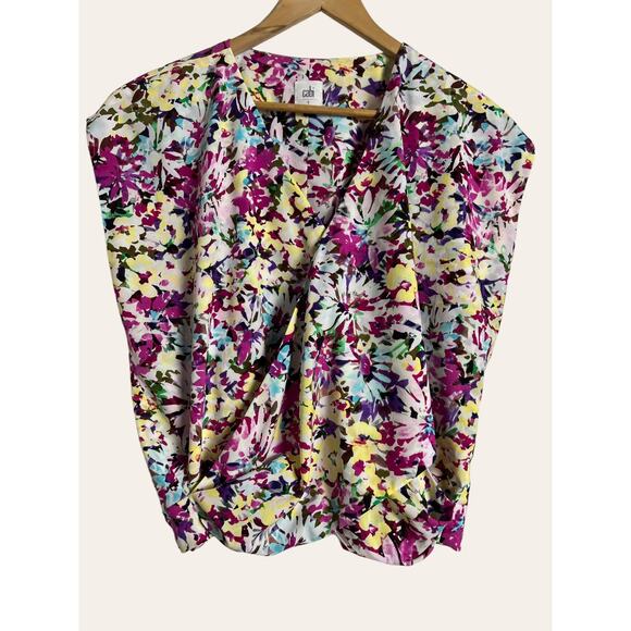 CAbi Tops - CAbi Eden Multicolor Floral Print Short Sleeve Faux Wrap V-Neck Top Size Small